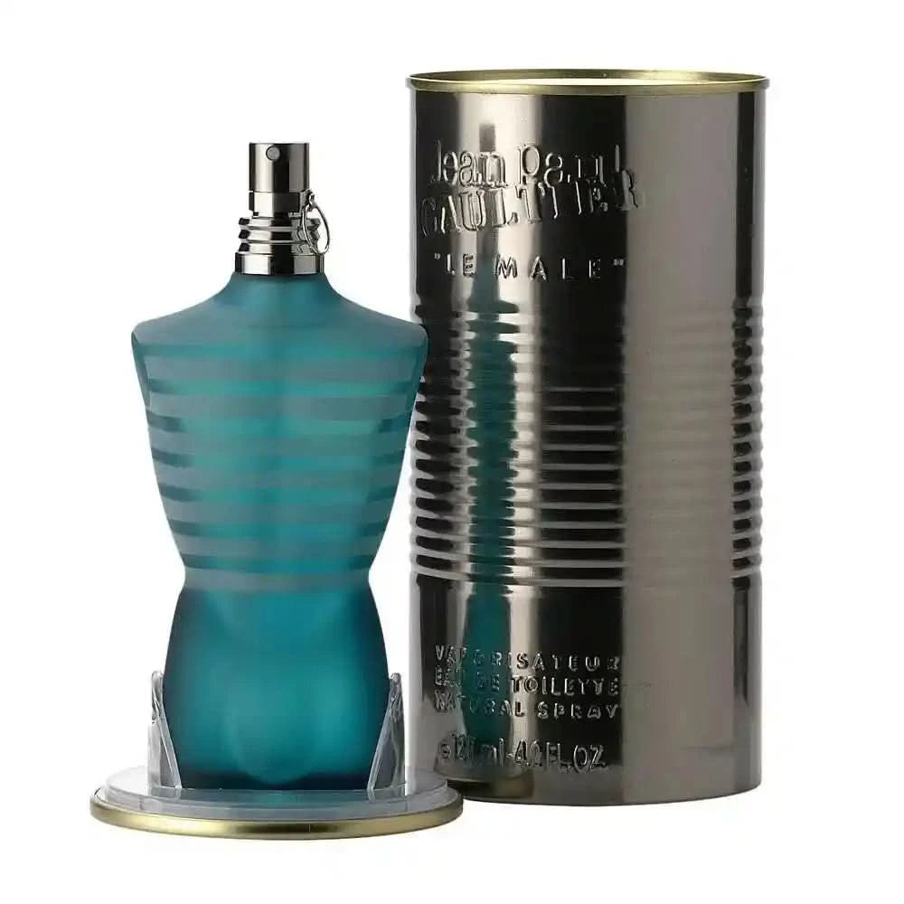 Jean Paul Gaultier Le Male EDT 125 ml with signature torso bottle and metallic can packaging, designer cologne for men.