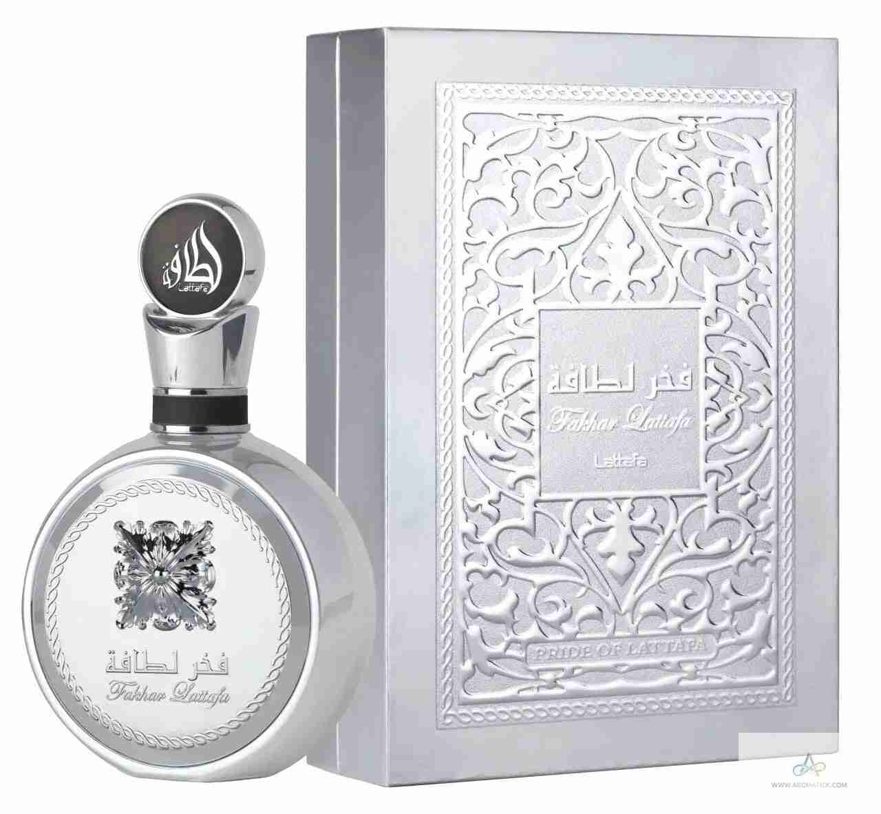 LATTAFA FAKHAR LATTAFA PLATIN 3.4 EAU DE PARFUM SPRAY Aromatick unisex fragrance in a silver ornate bottle with matching embossed box from UAE.