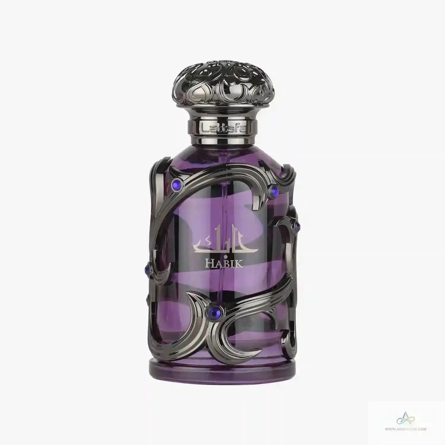 Purple perfume bottle with intricate design and 'Habik' branding on a white background