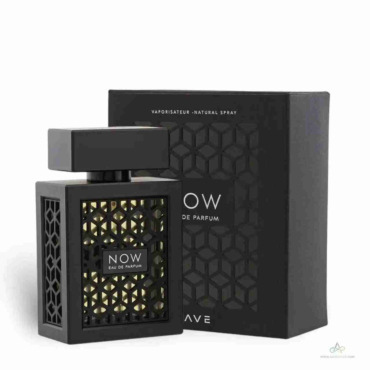 Black perfume bottle and packaging with 'NOW' branding on a white background