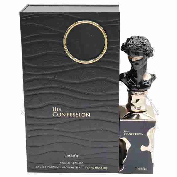 Lattafa 'His Confession' perfume bottle and packaging on a white background
