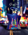 Perfume bottle with colorful design against a blurred cityscape background