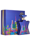Perfume bottle and packaging with colorful cityscape design on a white background