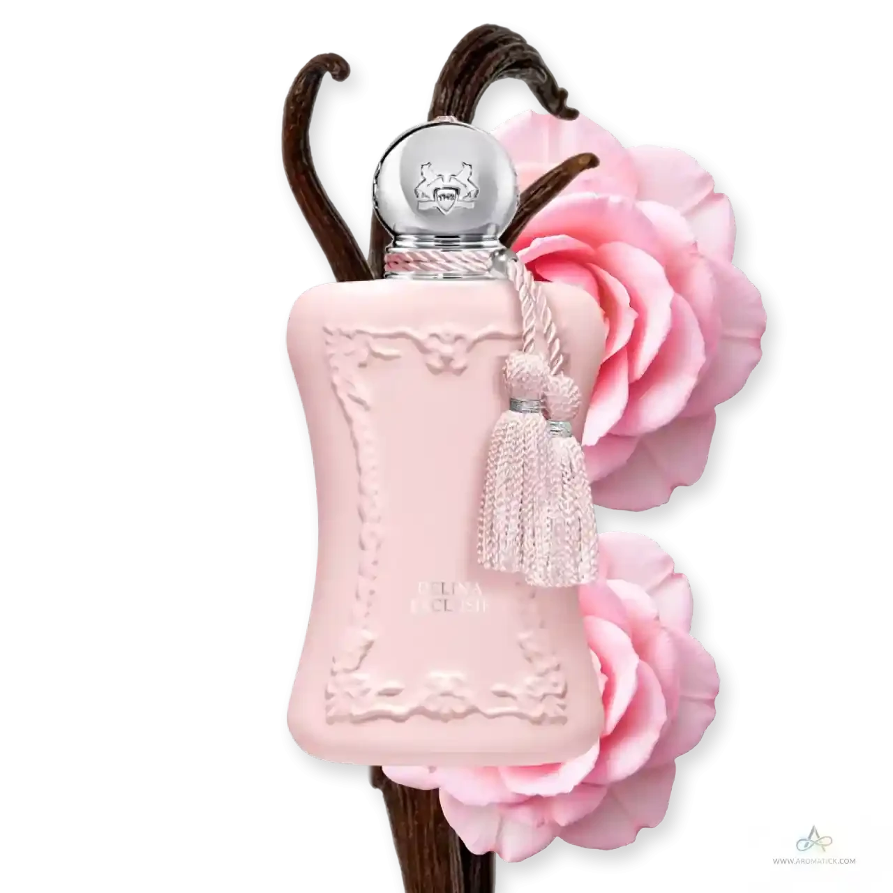 PDM Delina Exclusif EDP bottle surrounded by pink roses and vanilla pods, representing its floral and creamy scent profile for women.