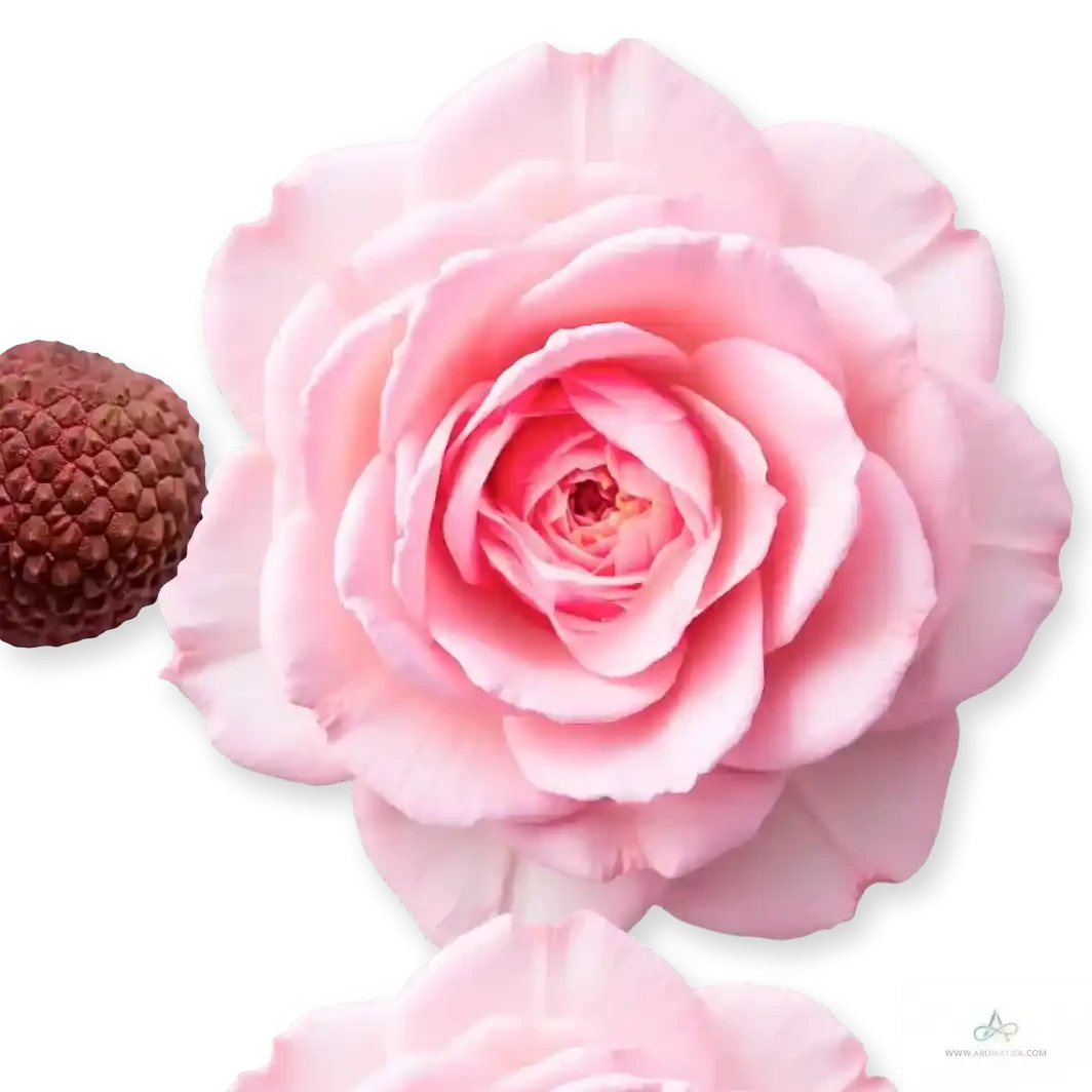 Pink rose and litchi ingredients featured in PDM Delina La Rosée EDP, emphasizing its fresh floral scent profile for women.