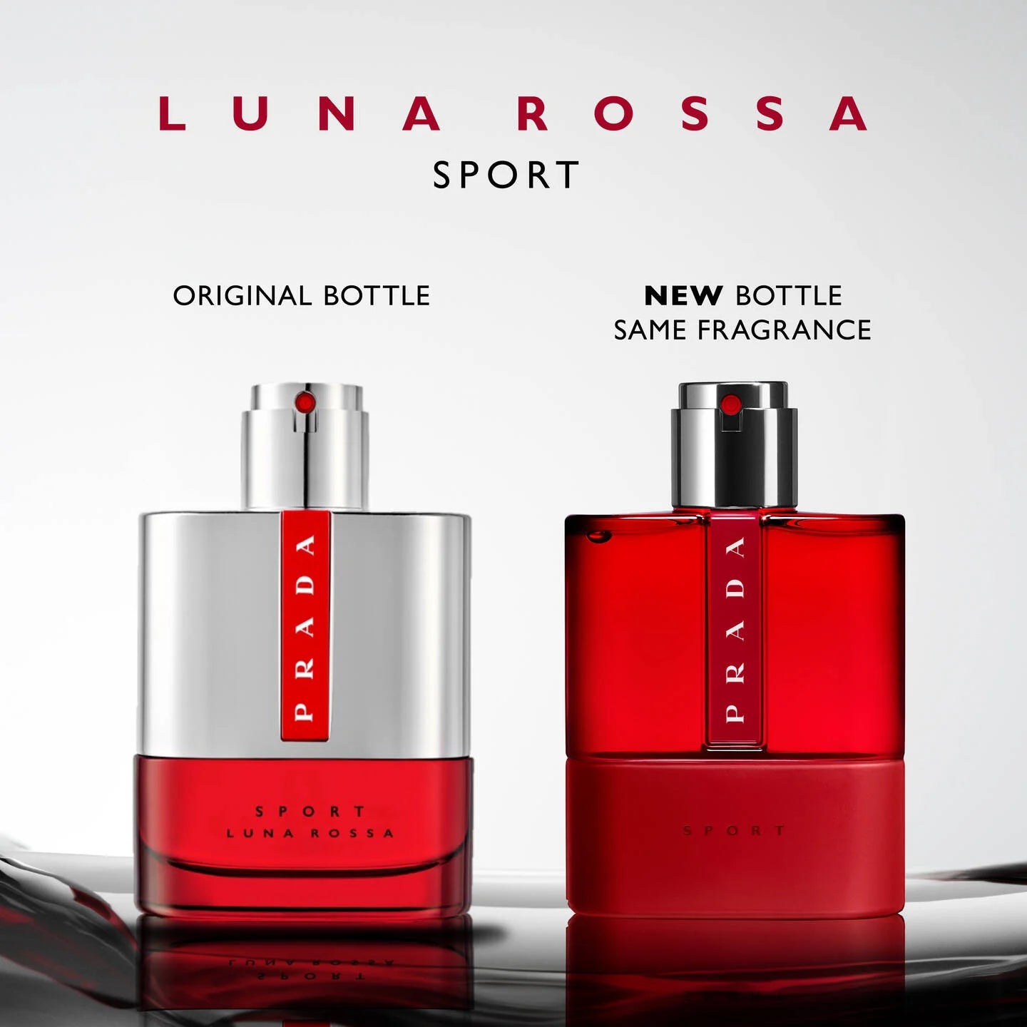 Two Prada Luna Rossa Sport perfume bottles, one original and one new bottle with the same fragrance, on a reflective surface.