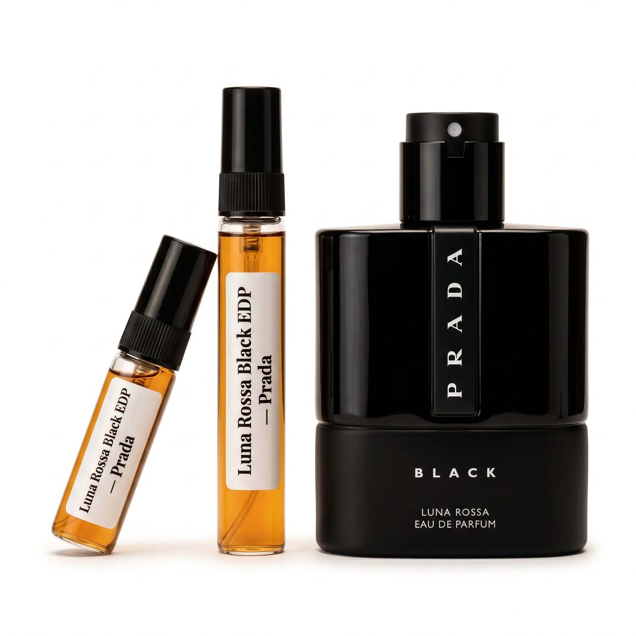 Prada Luna Rossa Black EDP decant vials with full black bottle white background luxury fragrance product photography