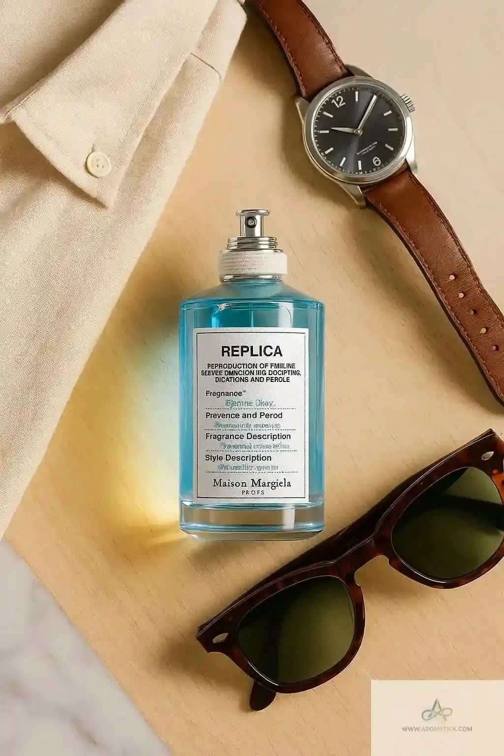 Maison Margiela Replica Sailing Day EDT bottle styled with sunglasses, watch, and shirt, showcasing a lifestyle vibe for a fresh unisex fragrance.
