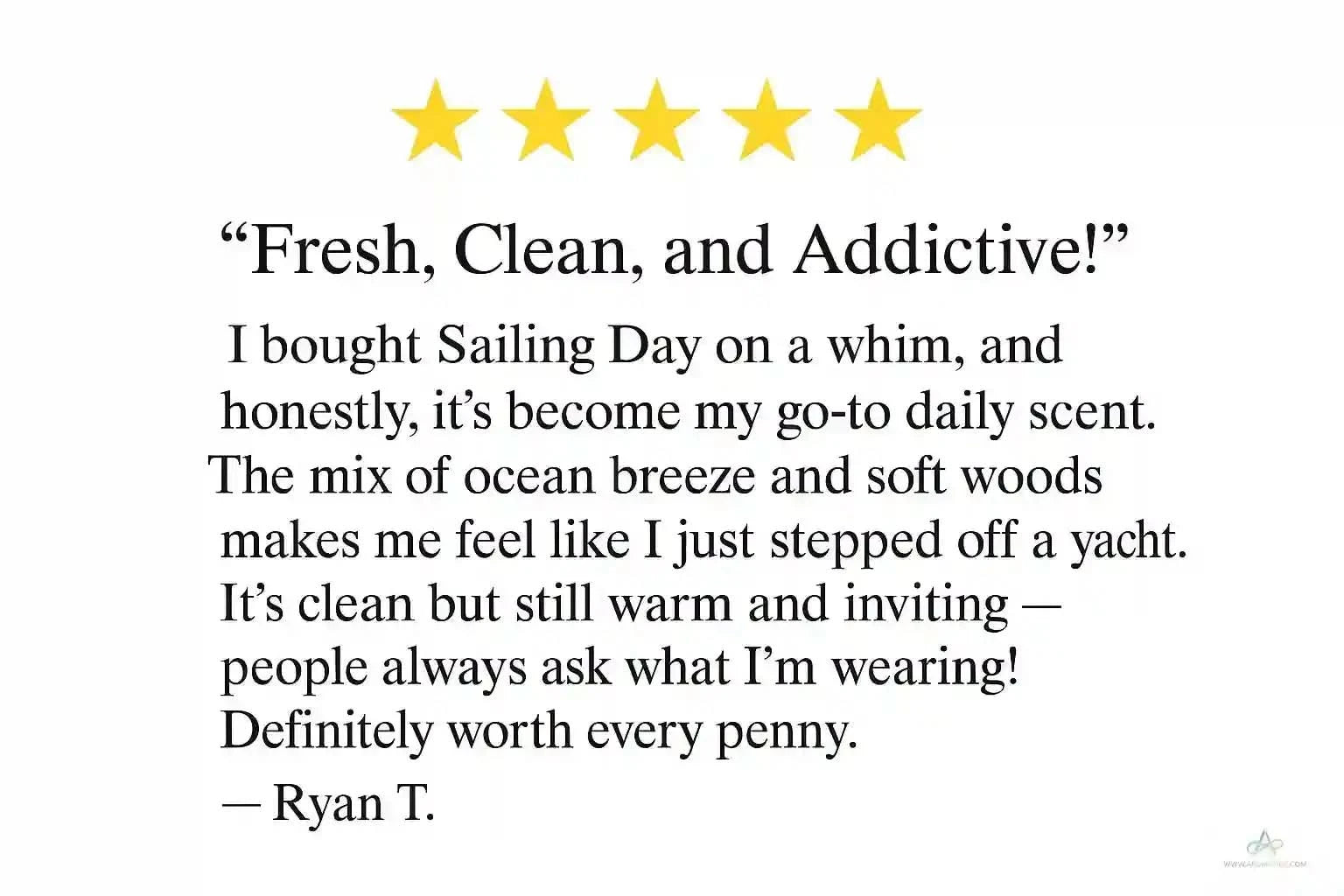 Five-star customer review praising Replica Sailing Day EDT for its fresh oceanic scent and daily wear appeal, enhancing its unisex fragrance value.