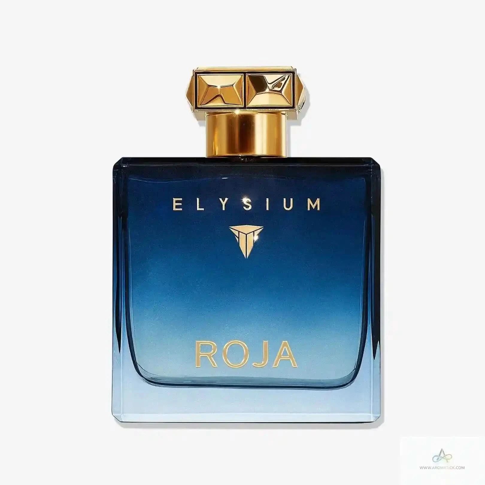 Close-up of Roja Elysium Extrait for Men bottle with gradient blue glass and gold cap, a premium fragrance from Roja Parfums.