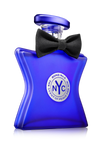 Blue perfume bottle with a black bow tie on a white background