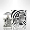 Perfume bottle with black and white spiral design and matching packaging on a light gray background