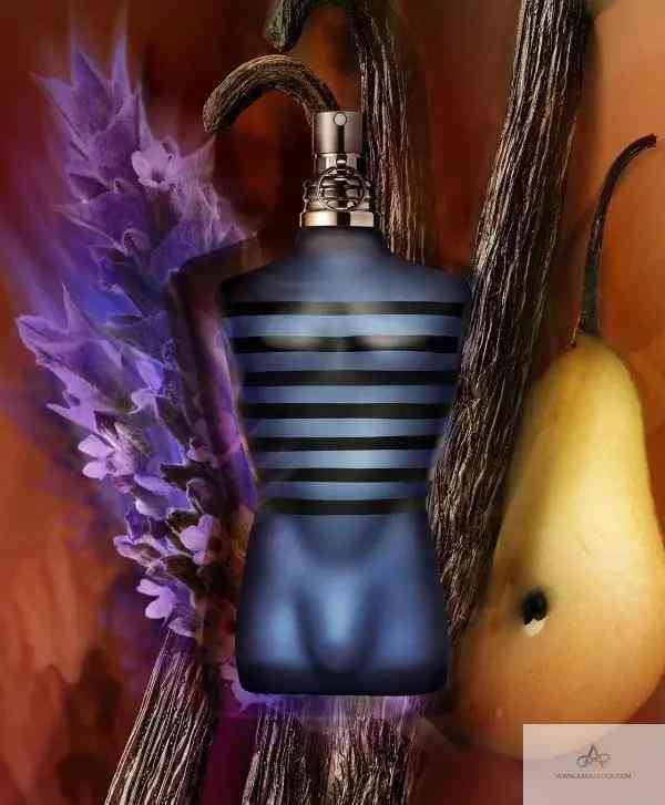 Ultra Male EDT - Aromatick men's cologne bottle surrounded by pear, vanilla, and lavender, representing its intense fragrance notes.