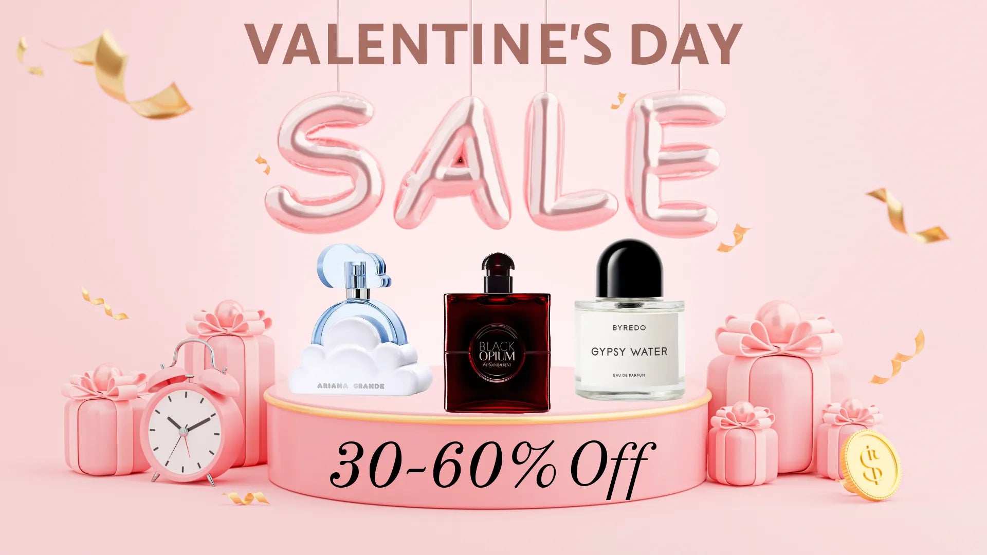 Valentine's Day sale banner with perfume bottles and gifts on a pink background
