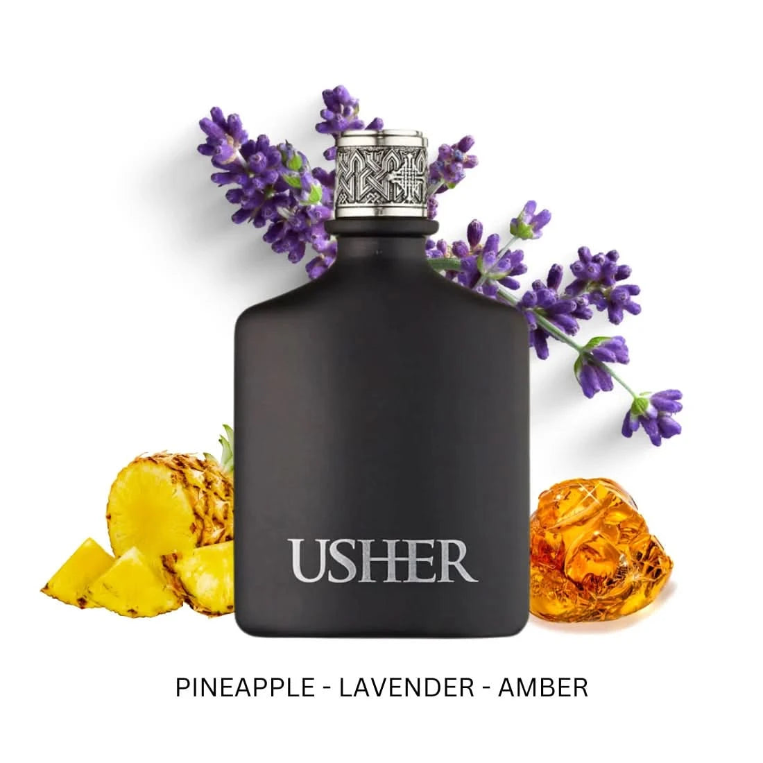 Black perfume bottle with 'Usher' branding, surrounded by lavender and pineapple on a white background.