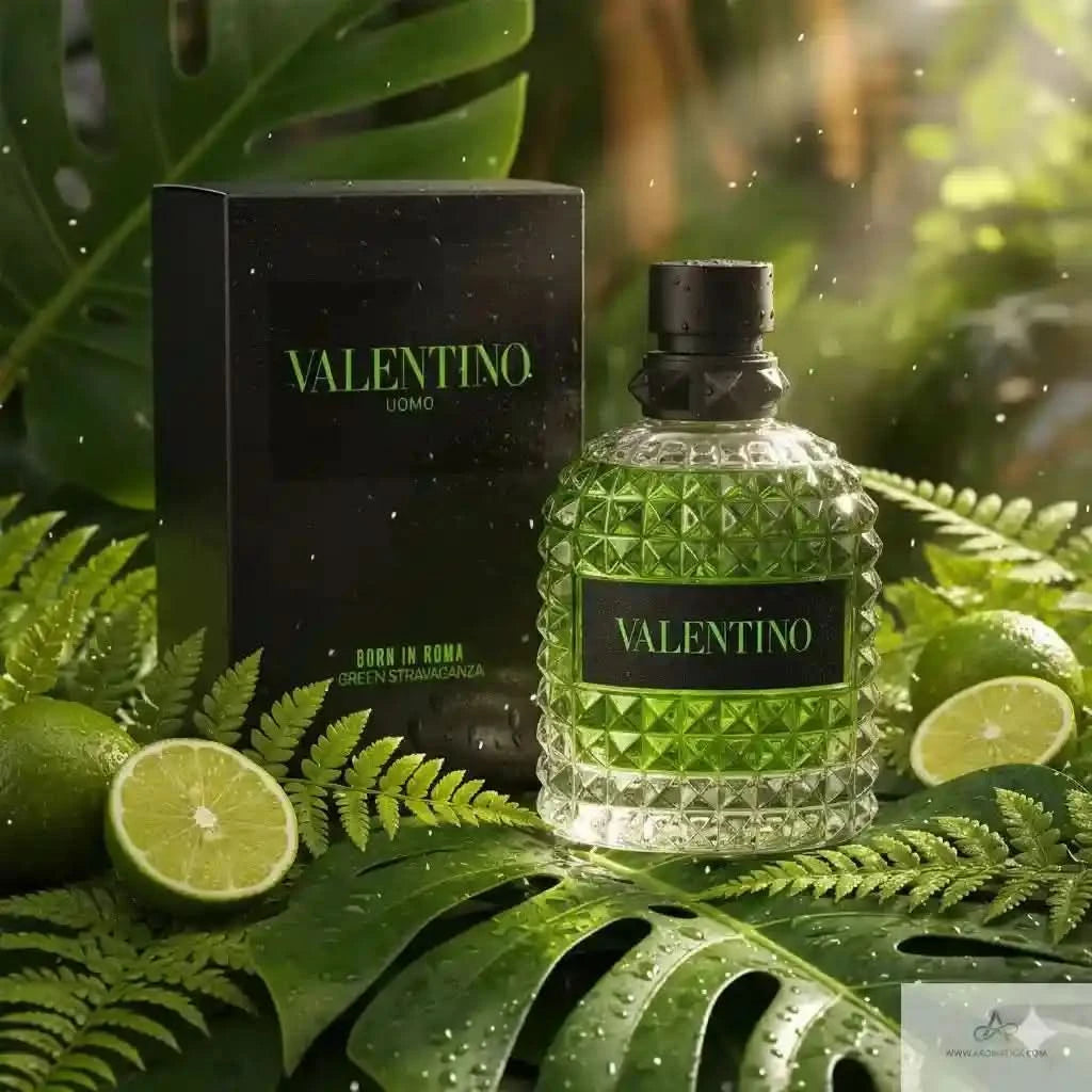 Valentino perfume bottle and packaging on a green leafy background