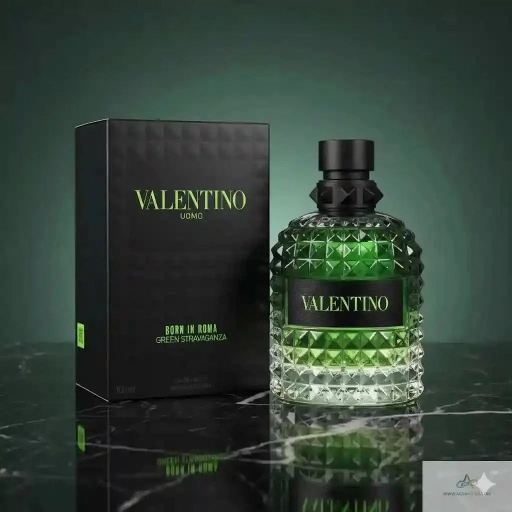 Valentino perfume bottle and packaging on a reflective surface with a green gradient background