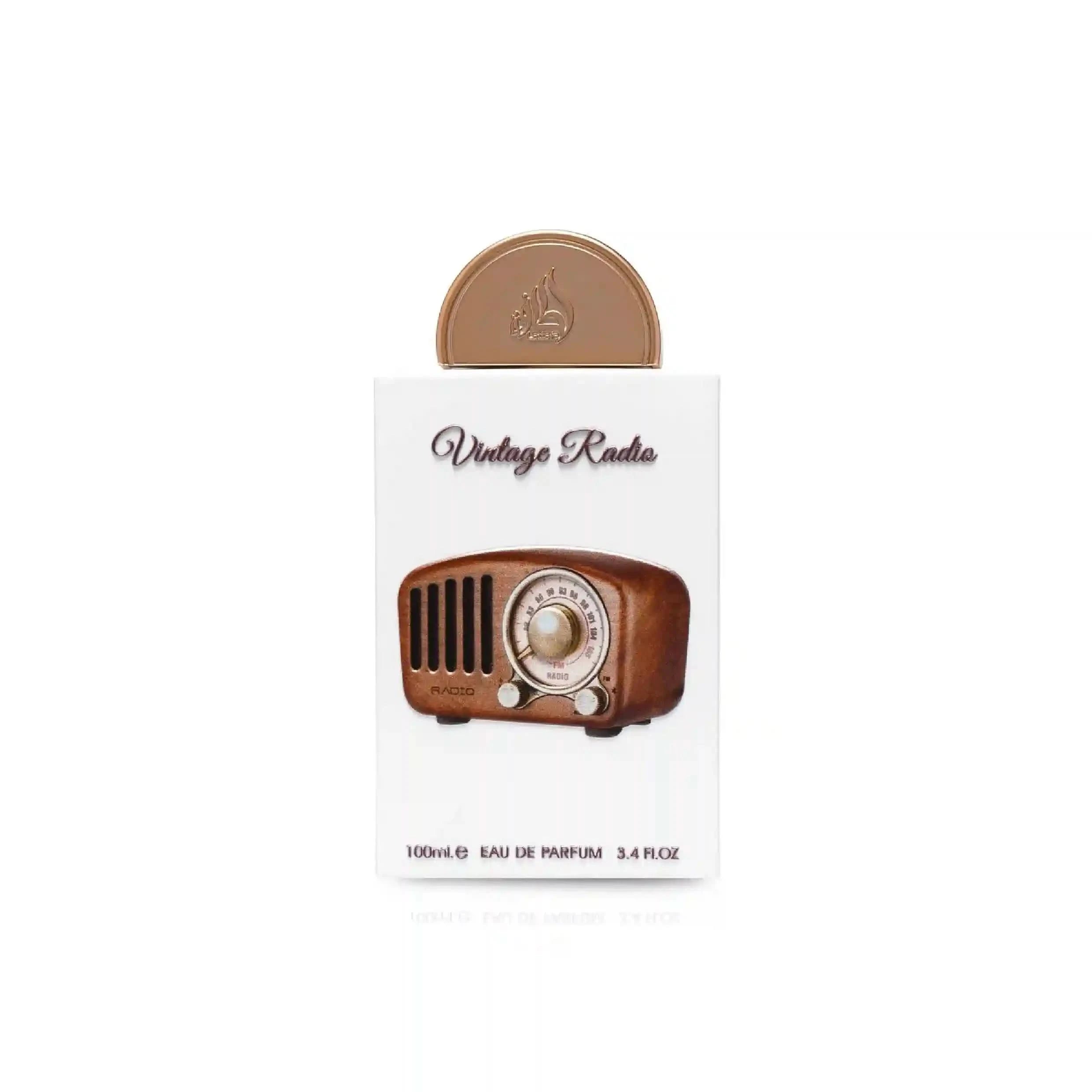 Vintage radio-shaped perfume bottle packaging on a white background