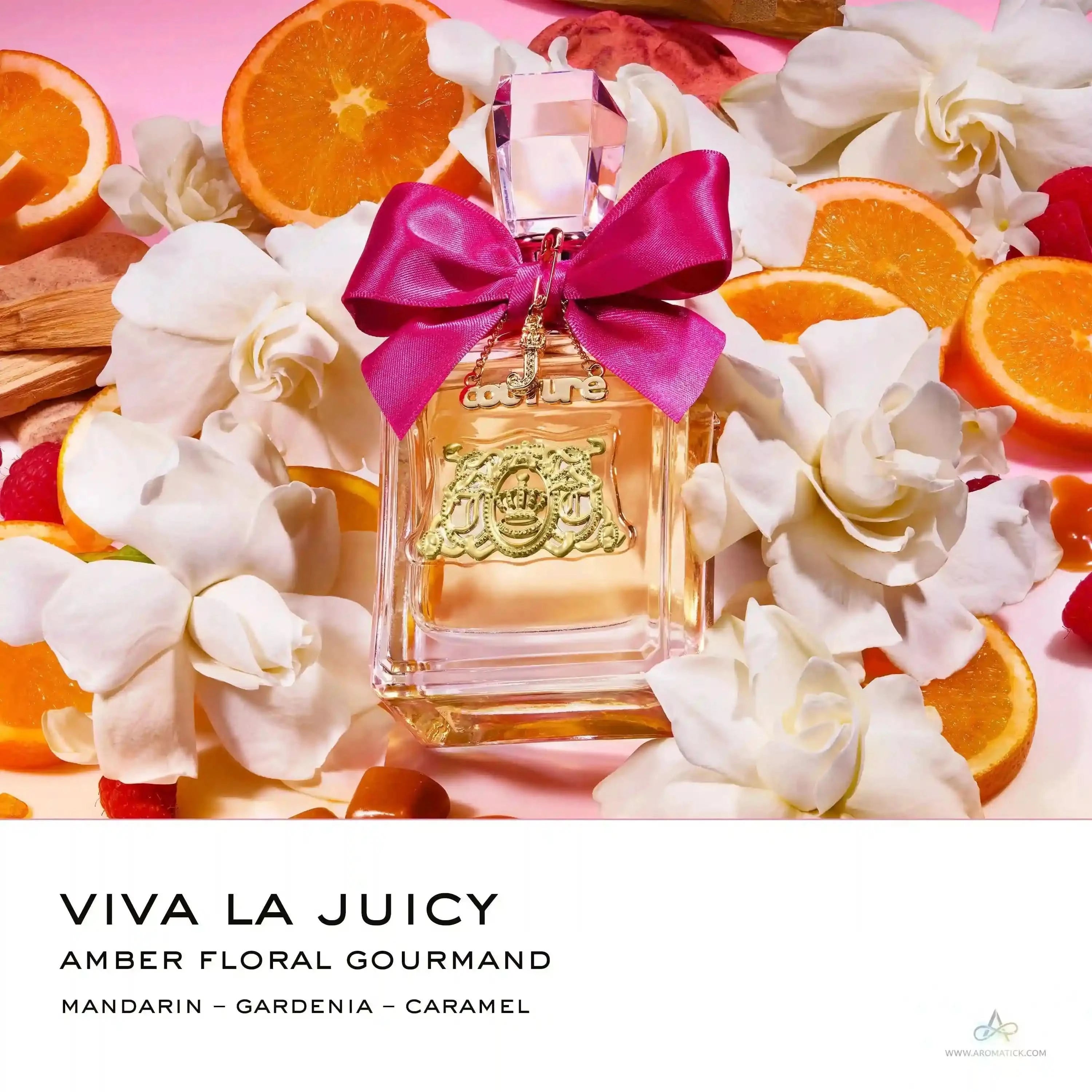 Viva La Juicy - Aromatick perfume bottle surrounded by mandarin, gardenia, and caramel, highlighting its amber floral gourmand fragrance notes.