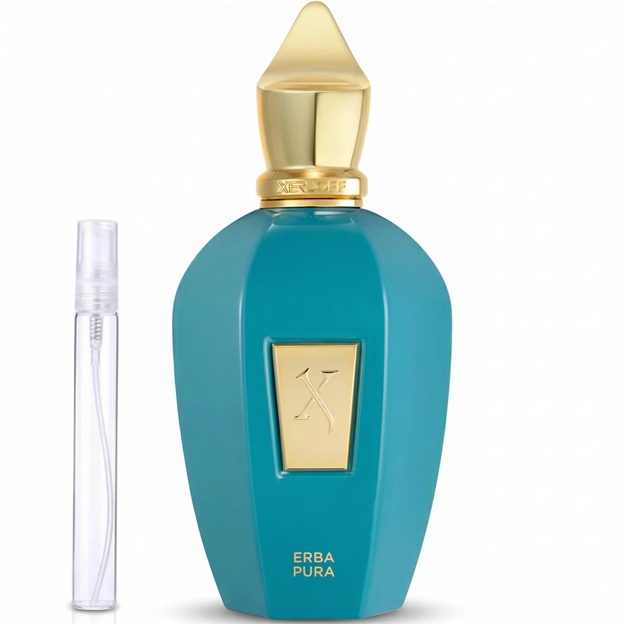 Teal perfume bottle with gold cap and 'Erba Pura' label on a white background