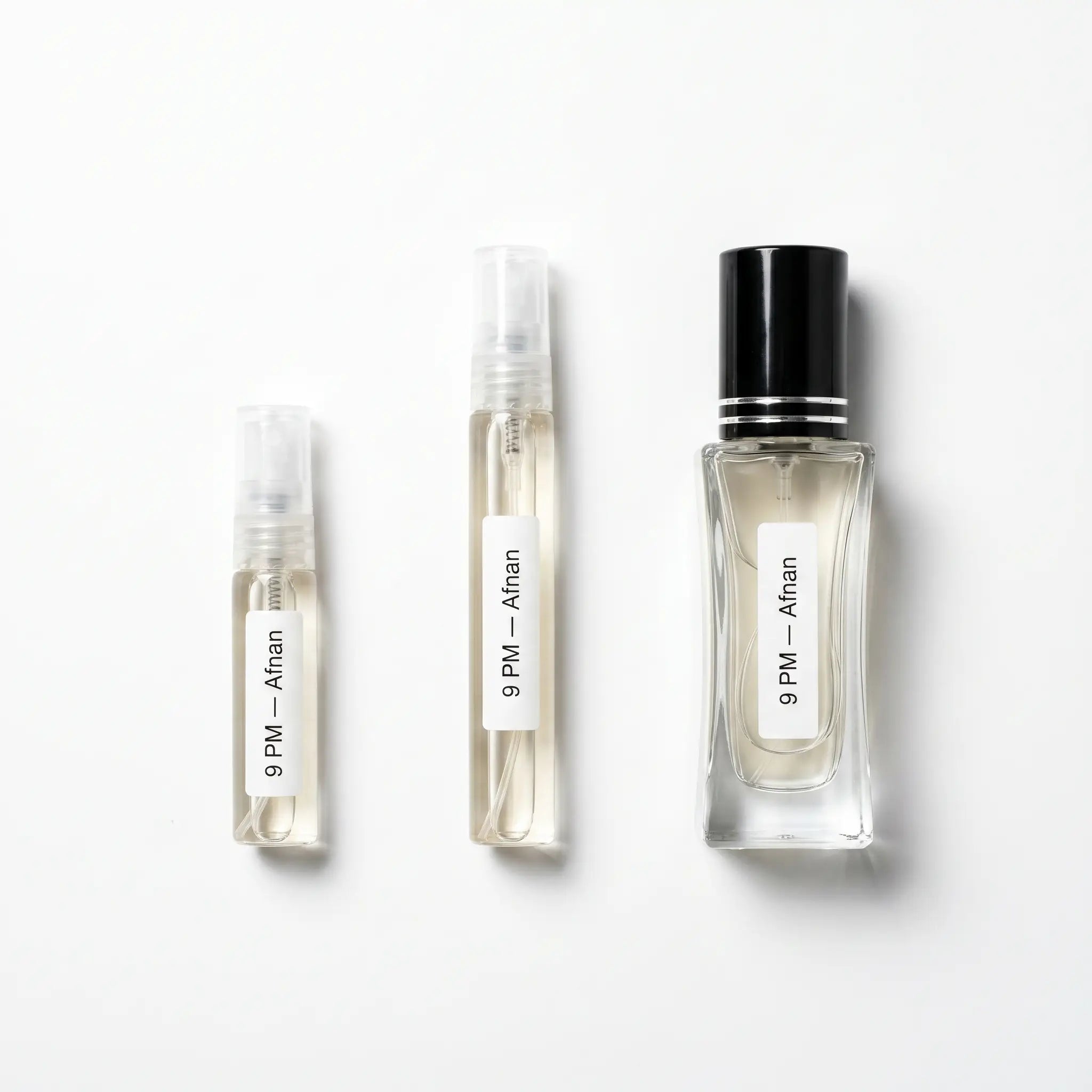 Afnan 9PM decant sizes 5ml 10ml and 30ml on white background