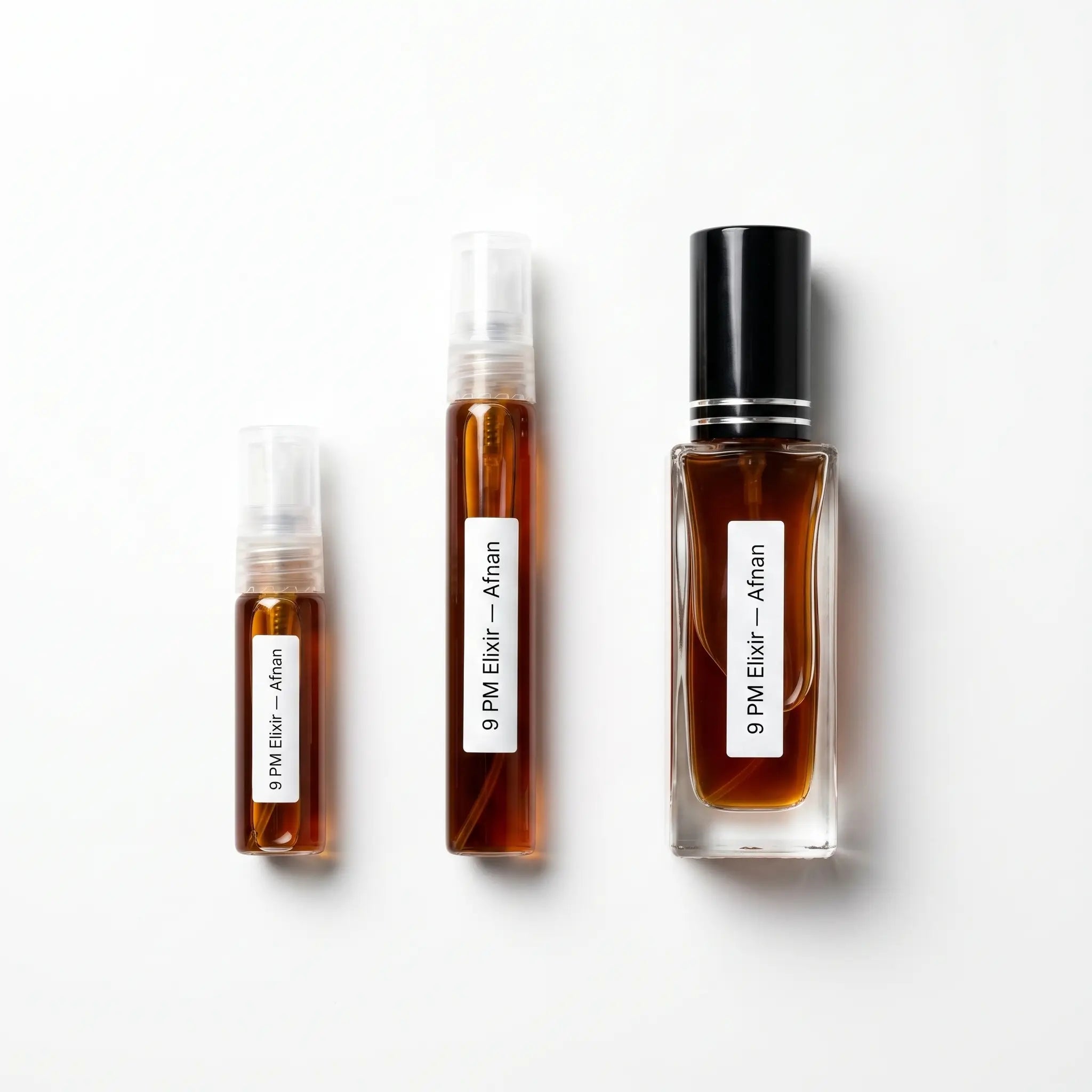 Afnan 9PM Elixir decant sizes 5ml 10ml and 30ml on white background