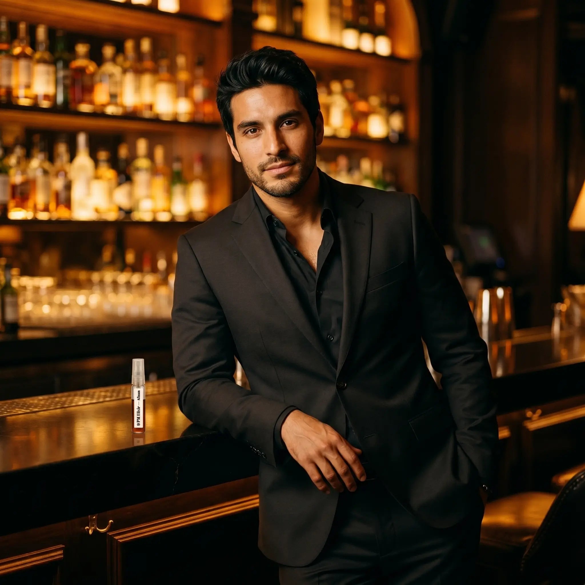 Man in black suit with Afnan 9PM Elixir decant on bar counter in dimly lit whisky lounge