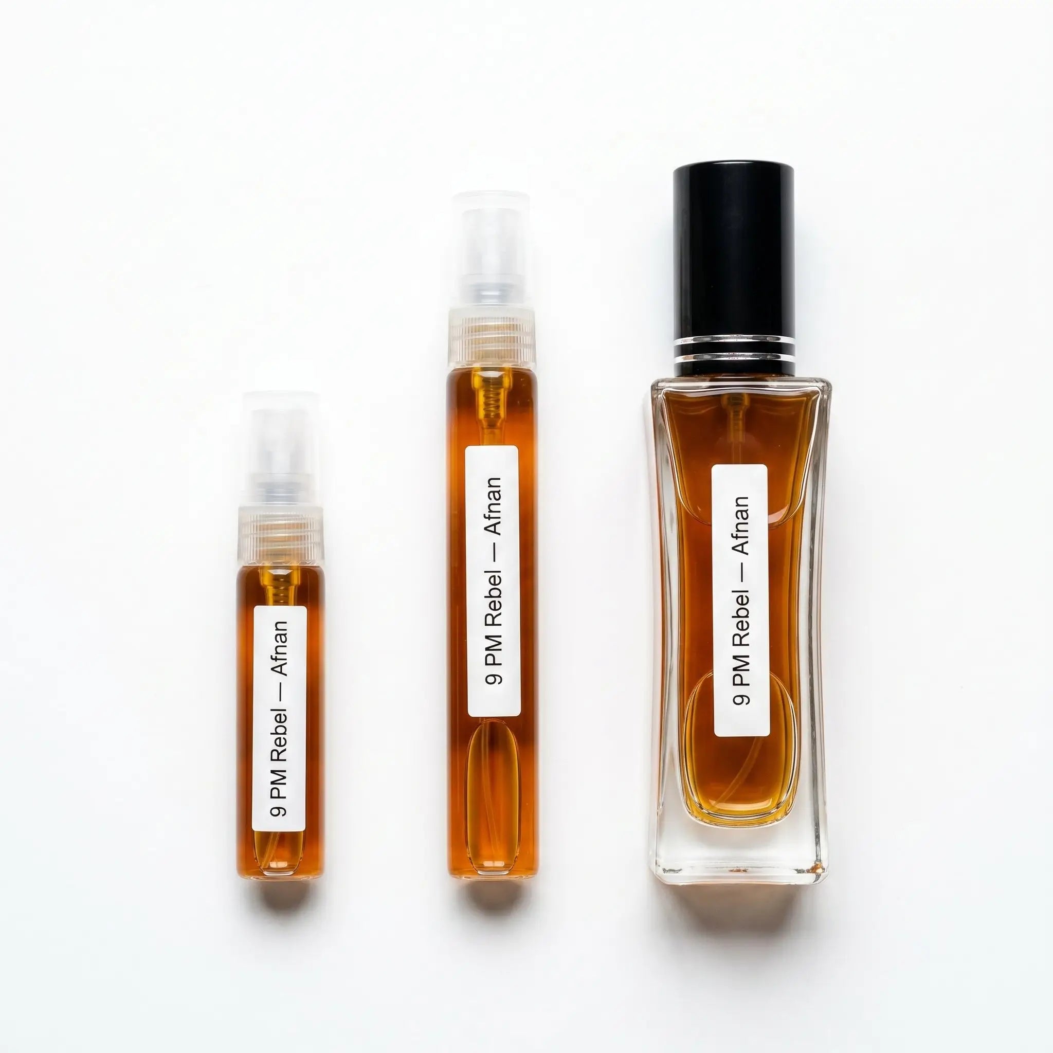 Afnan 9PM Rebel decant sizes 5ml 10ml and 20ml on white background