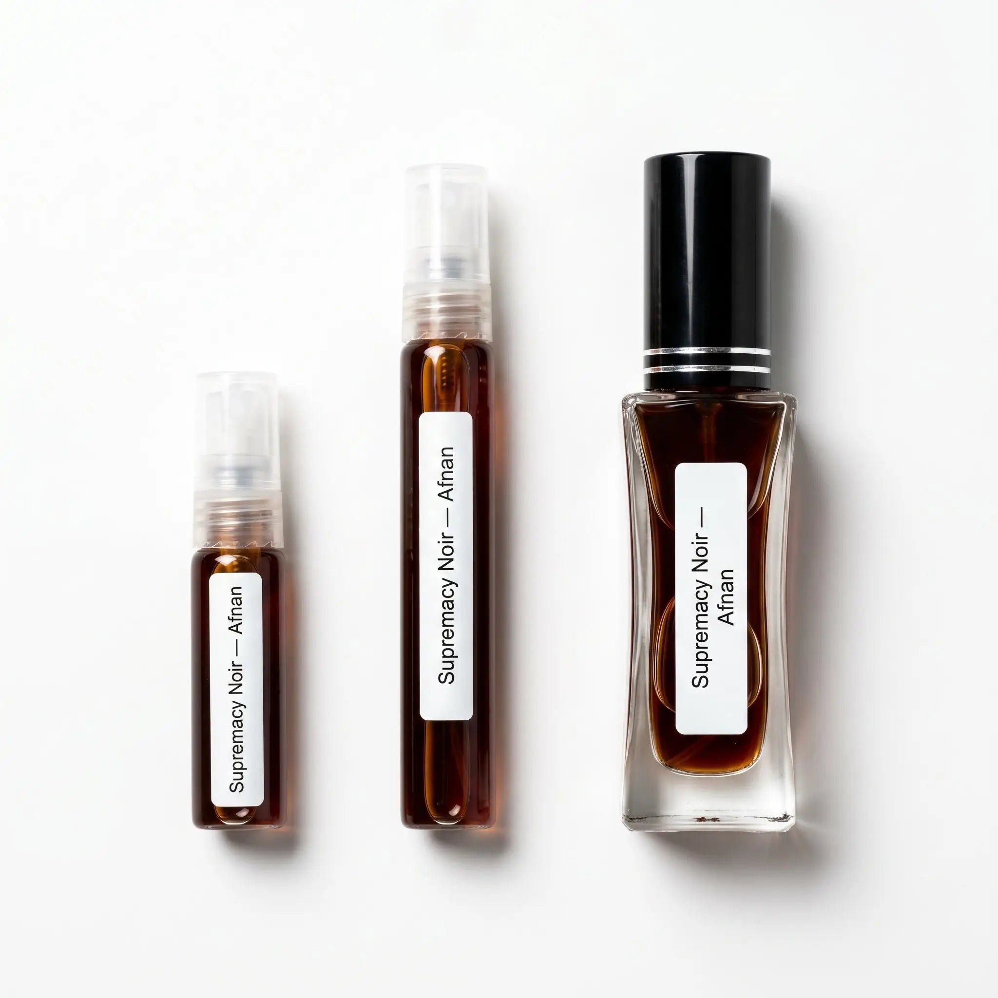 Afnan Supremacy Noir decant sizes 5ml 10ml and 20ml on white background