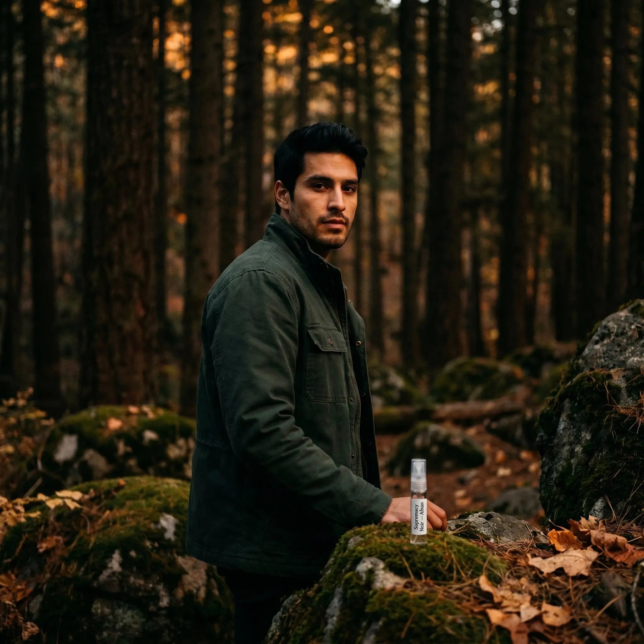 Man in dark jacket with Afnan Supremacy Noir decant on mossy rocks in autumn forest