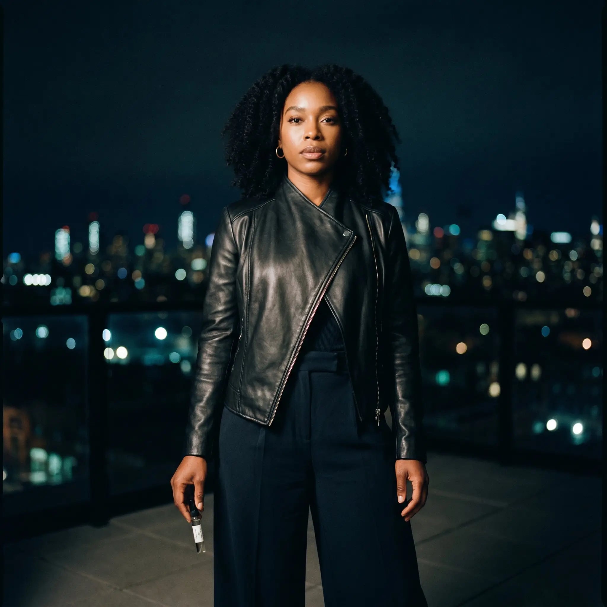 Woman in leather jacket holding Afnan Supremacy Noir decant on city rooftop at night