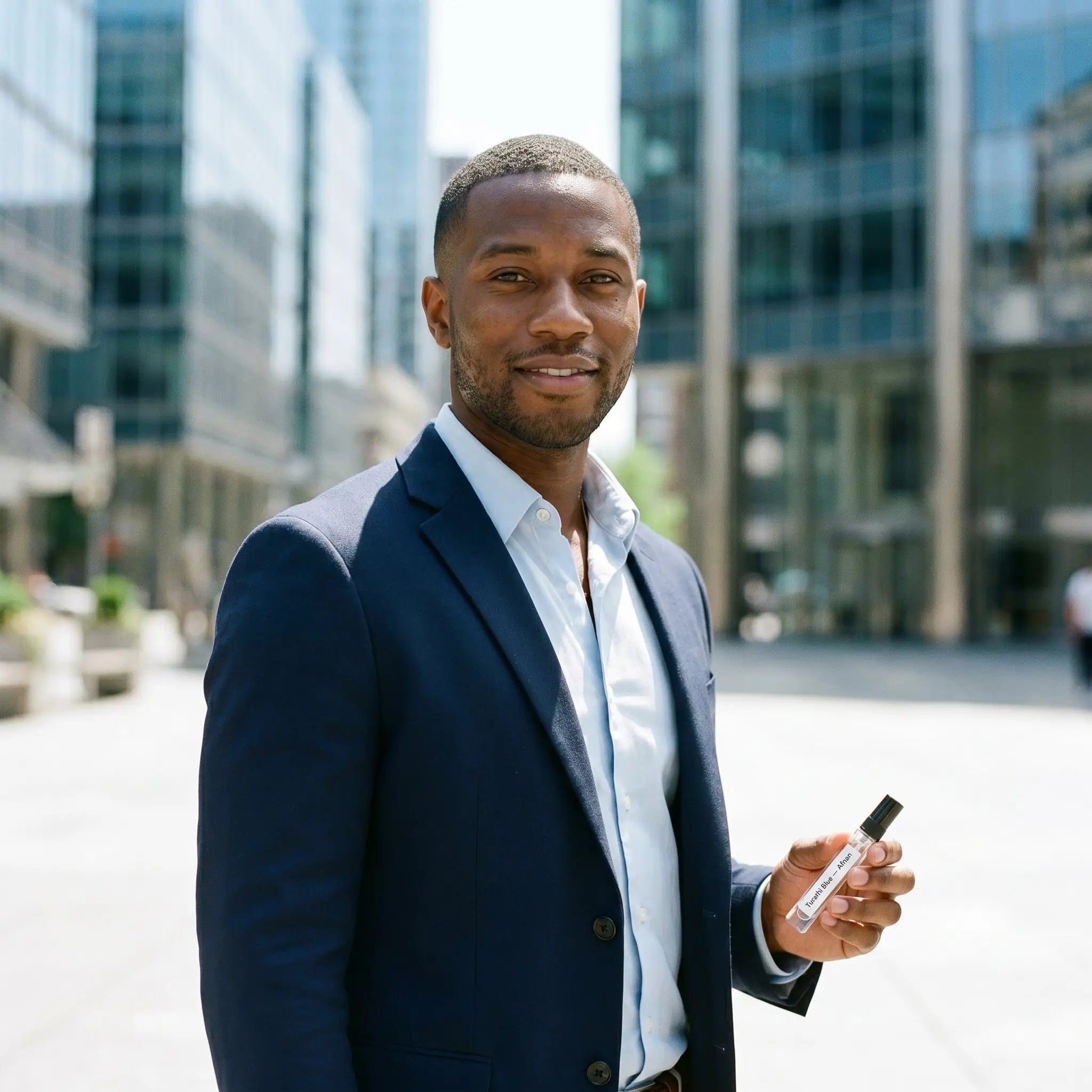 Man in navy blazer holding Afnan Turathi Blue decant outdoors in financial district