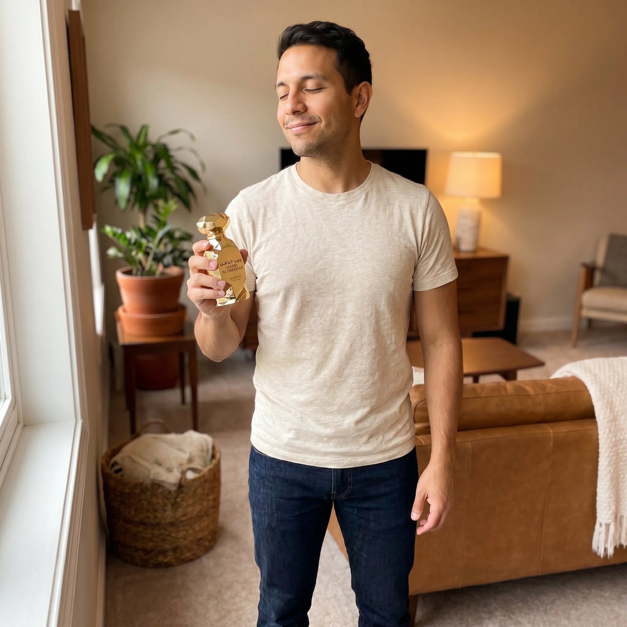Man holding Arabiyat Prestige Mahd Al Dhahab gold faceted bottle, eyes closed, smiling indoors