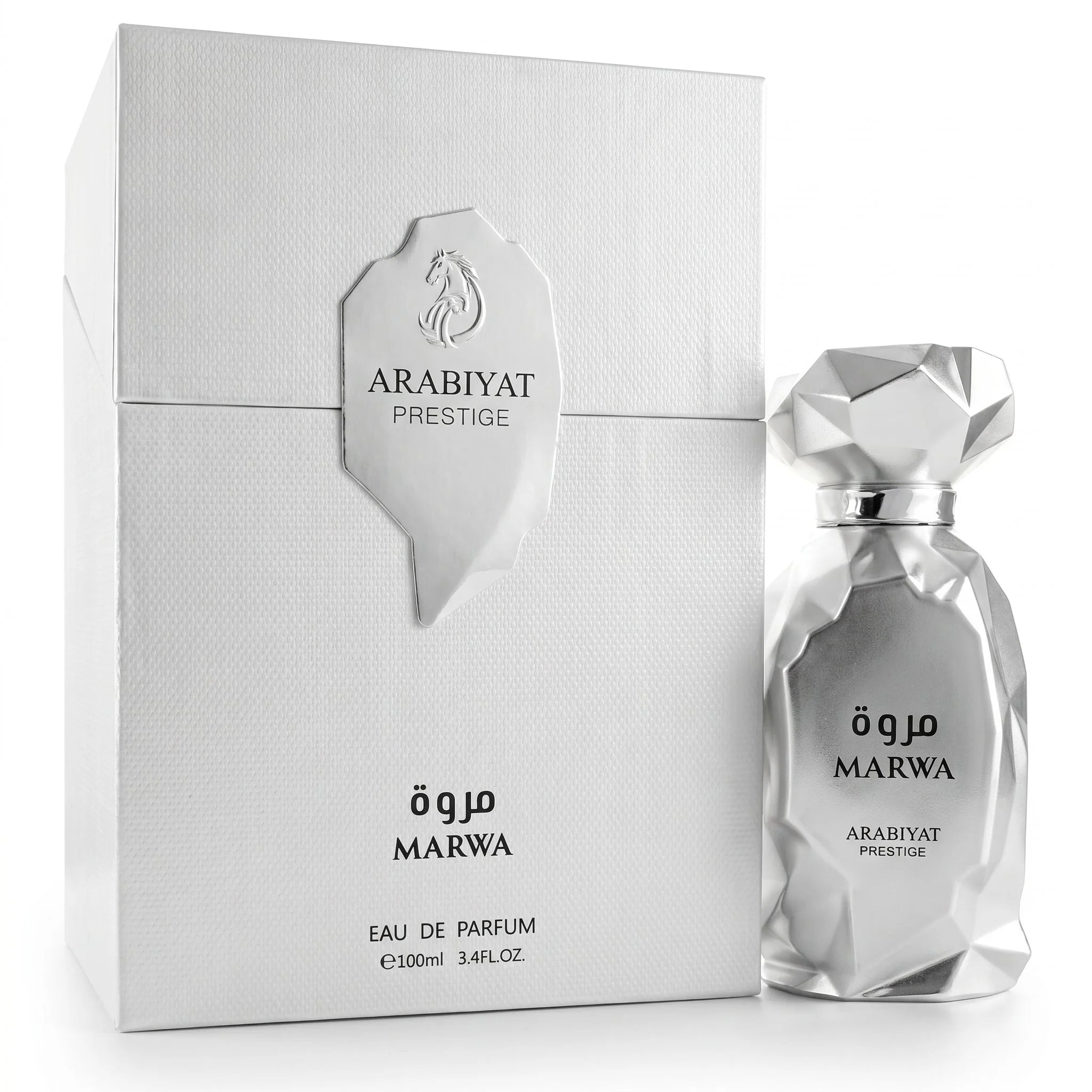 Arabiyat Prestige Marwa EDP 100ml silver faceted bottle with white textured box on white background