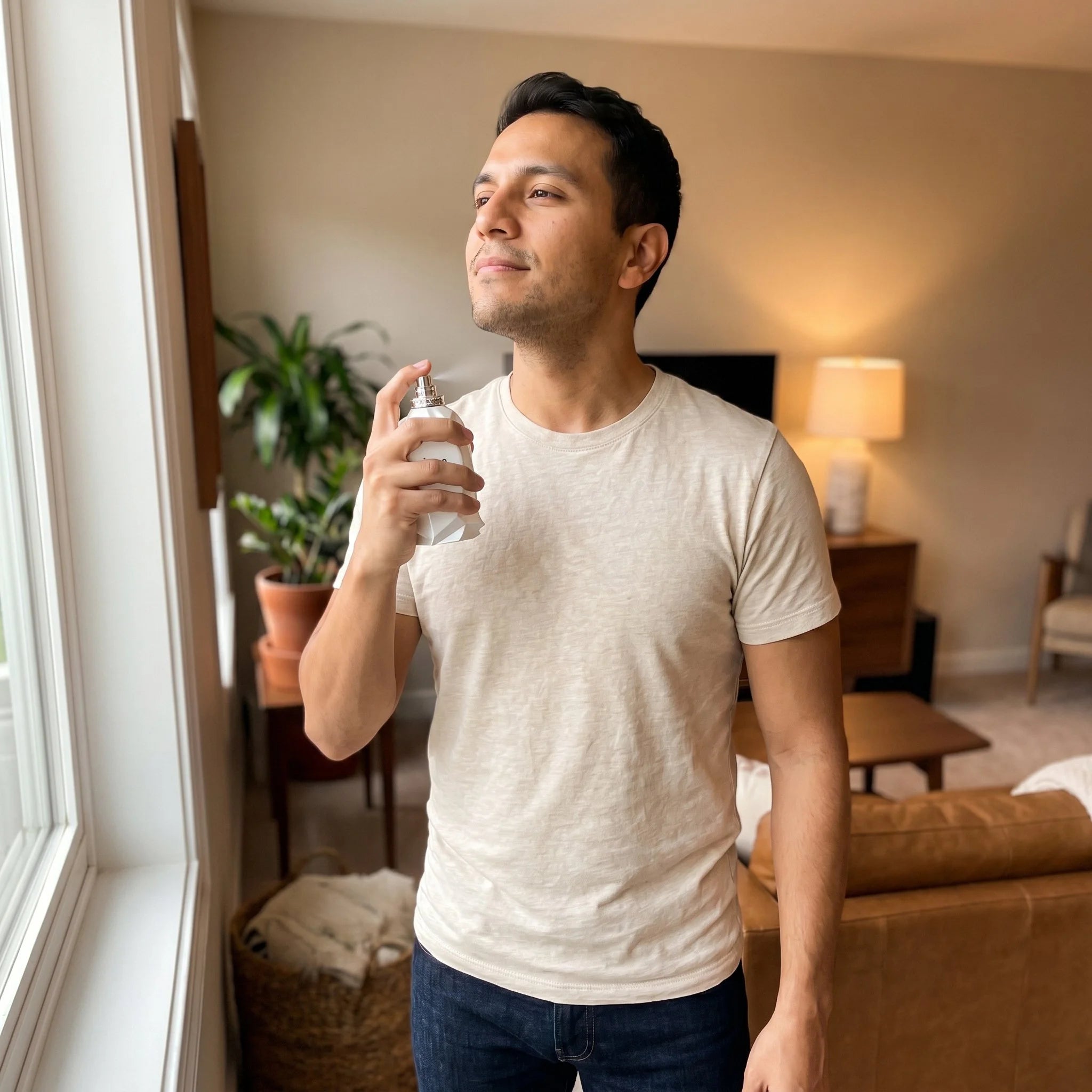Man spraying Arabiyat Prestige Marwa EDP on his neck in a warm mid-century modern living room
