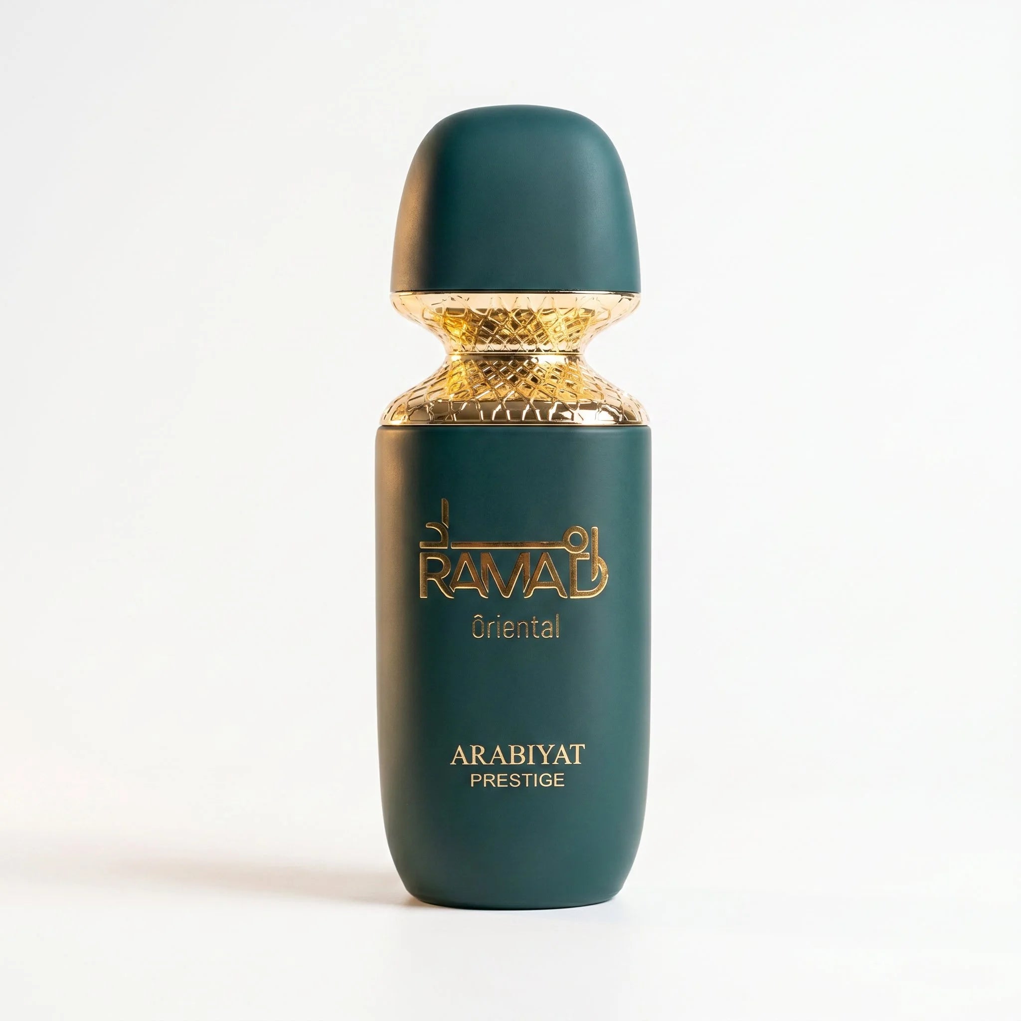 Arabiyat Prestige Ramad Oriental matte teal EDP bottle with gold lattice collar on white background