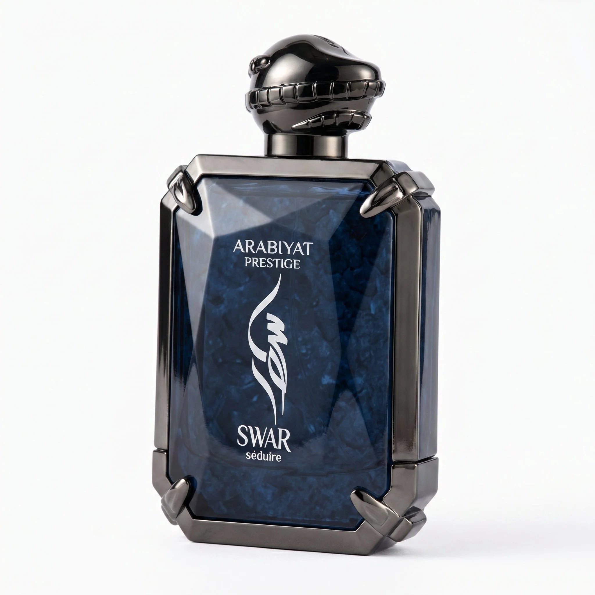 Arabiyat Prestige Swar Séduire deep blue gemstone EDP bottle with gunmetal claw frame, three-quarter angle