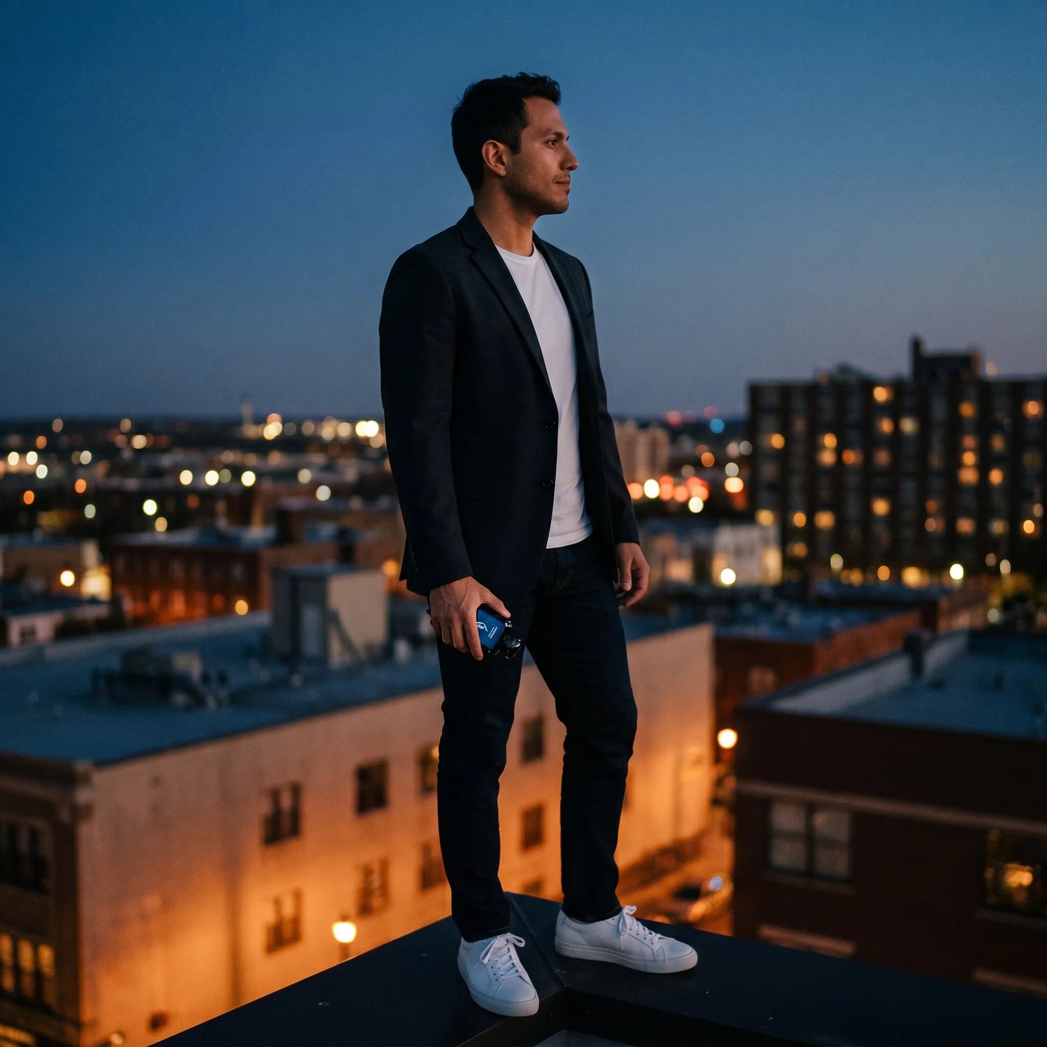 Man holding Arabiyat Prestige Swar Séduire EDP on a rooftop at night with city lights bokeh background