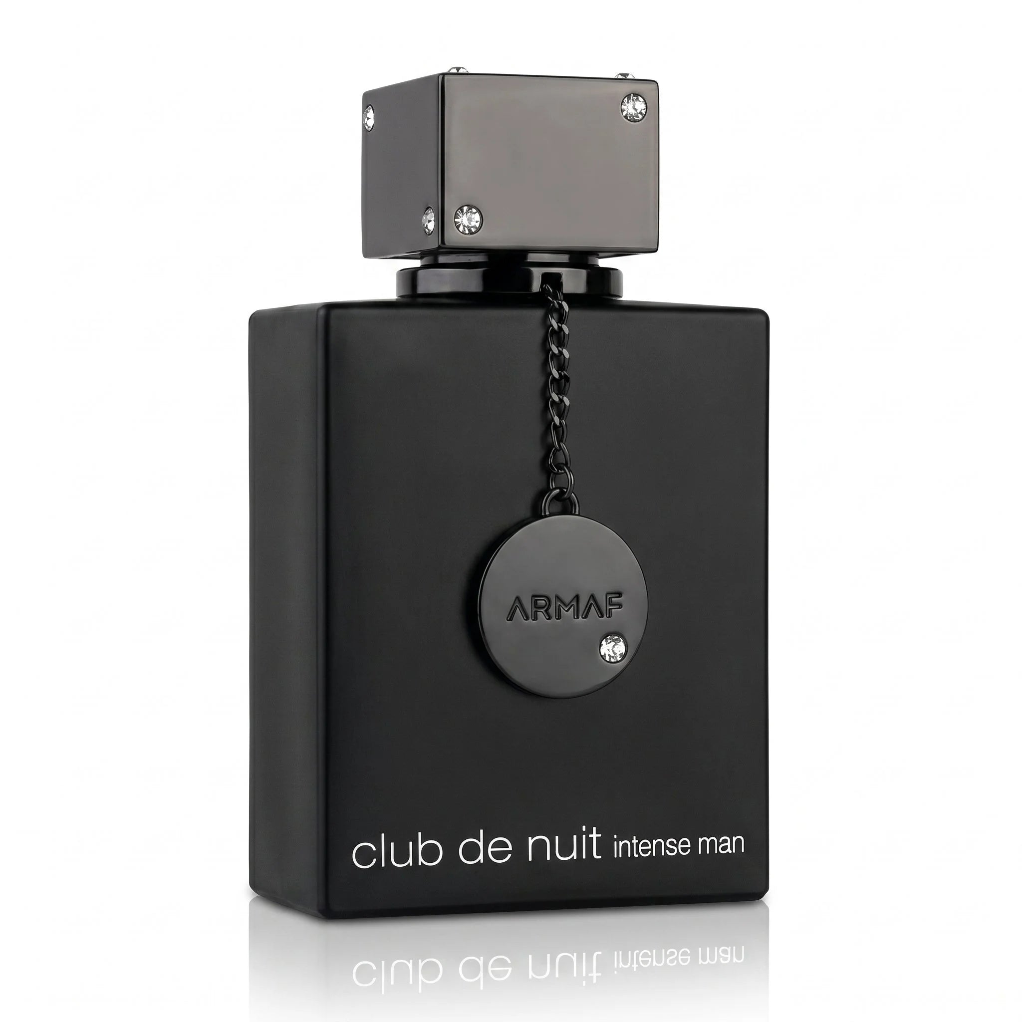 Armaf Club de Nuit Intense Man EDT bottle with matte black box, crystal-studded cube cap on white background
