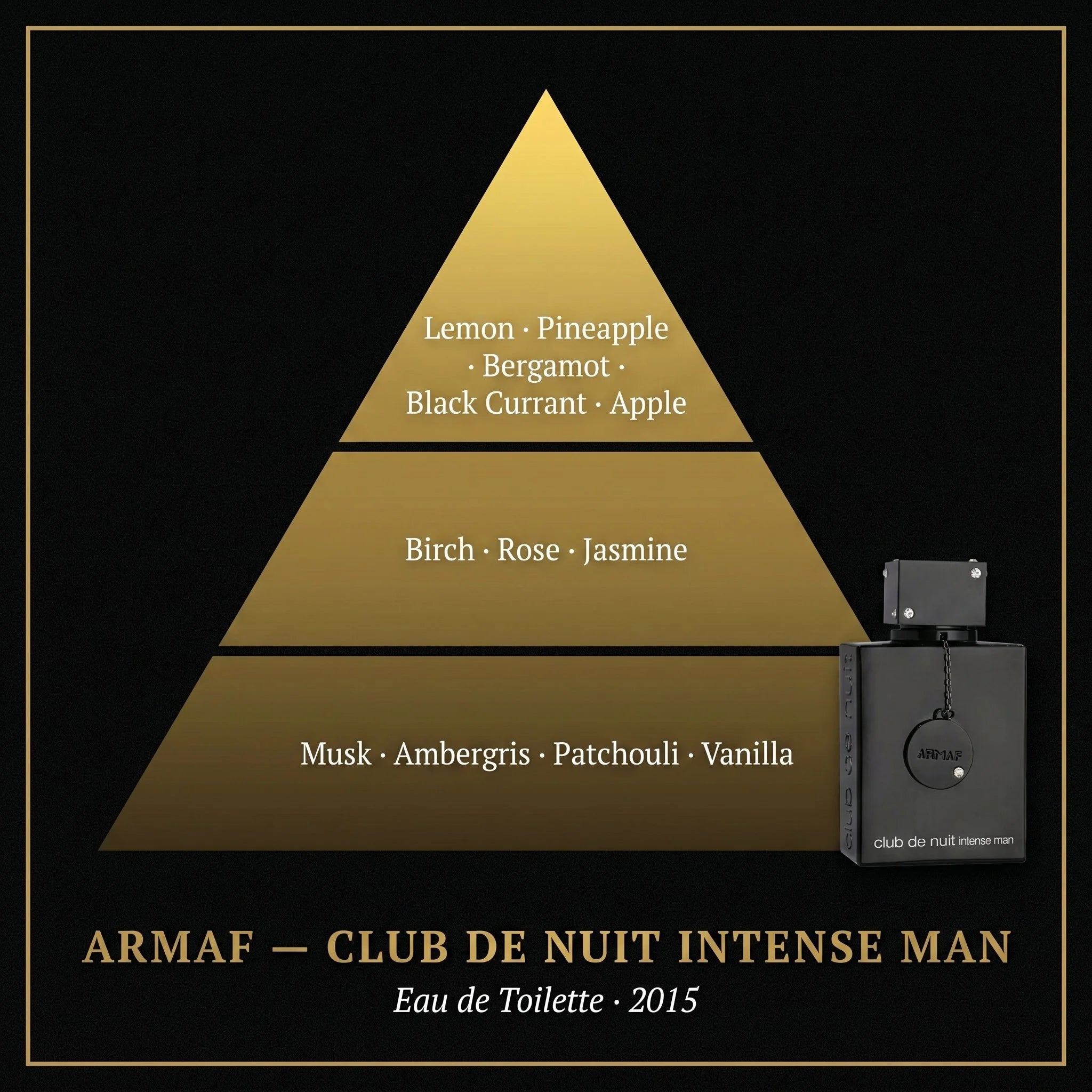 Armaf Club de Nuit Intense Man EDT note pyramid — lemon, pineapple, bergamot, black currant, birch, rose, musk, ambergris, vanilla