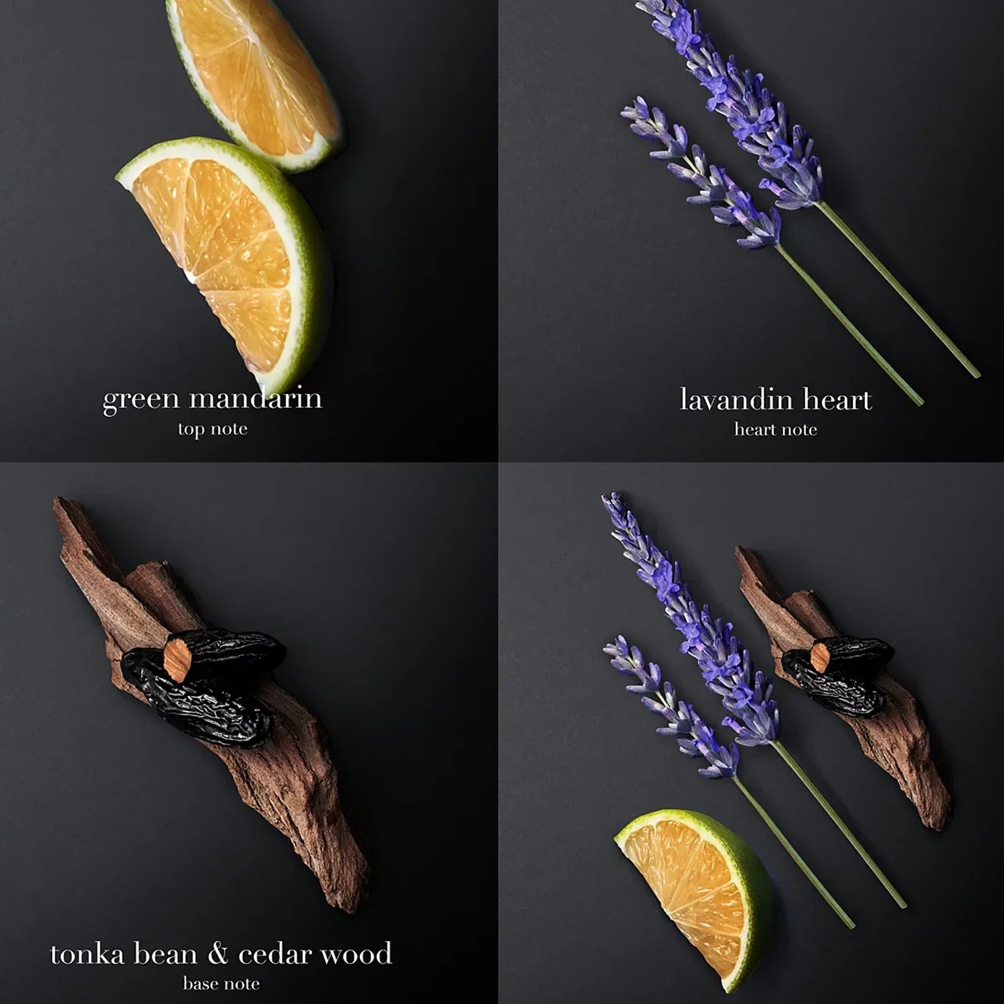 Four quadrant collage of citrus, lavender, and wood elements with descriptive text on a dark background.