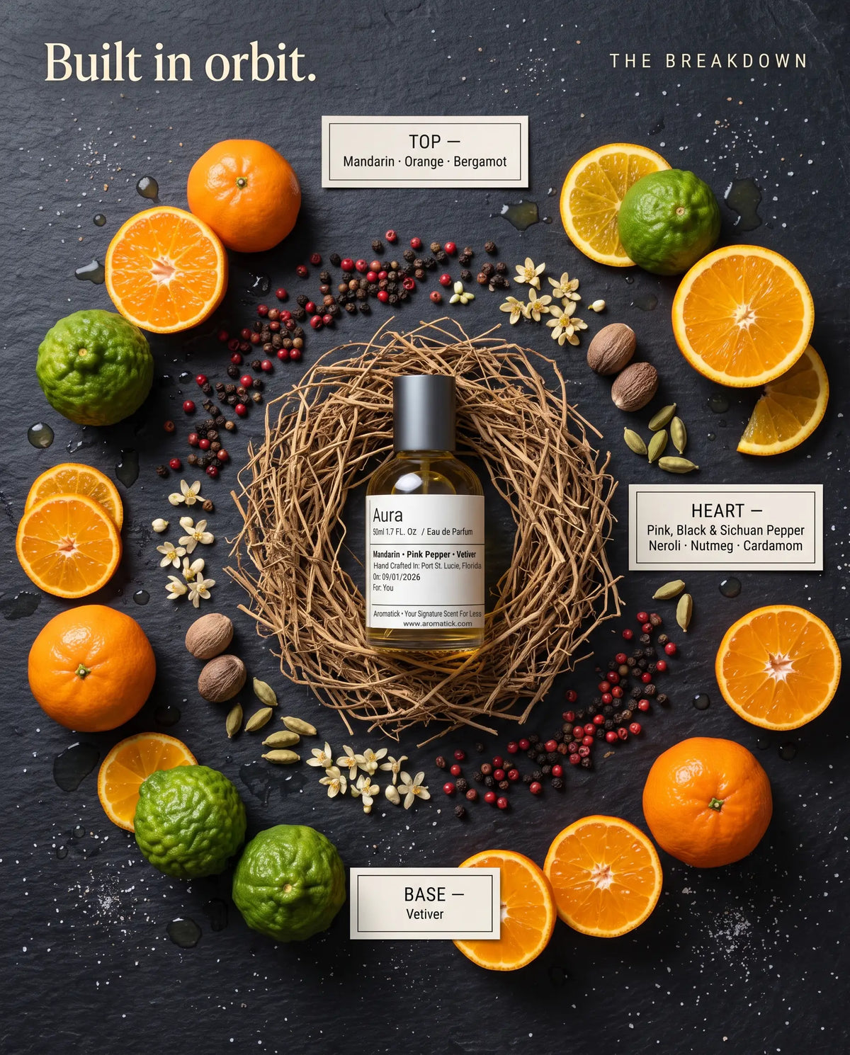 Aura fragrance notes: mandarin, orange and bergamot top, pink, black and Sichuan pepper heart, vetiver base.
