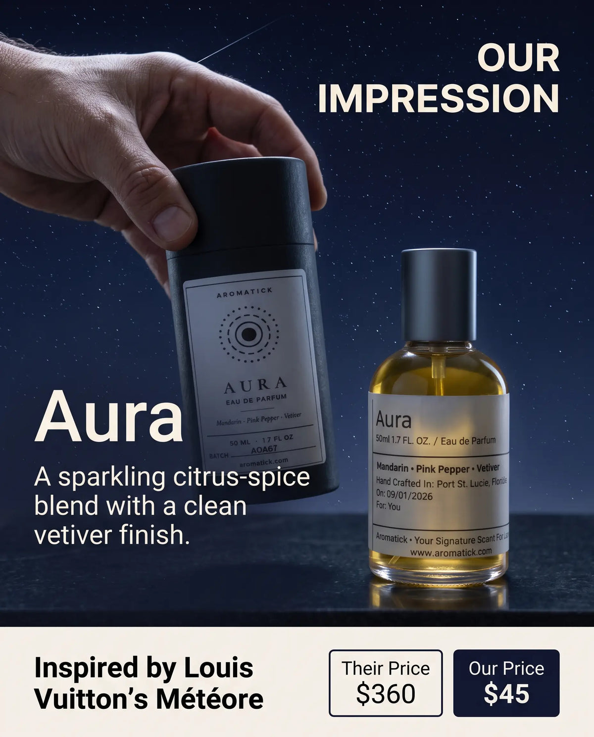 Aromatick Aura EDP inspired by Louis Vuitton Météore, priced at $45 versus $360.