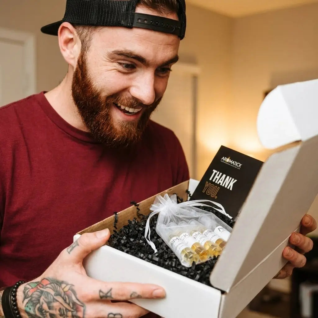 Man unboxing Aromatick fragrance decant bundle — Father's Day gift set