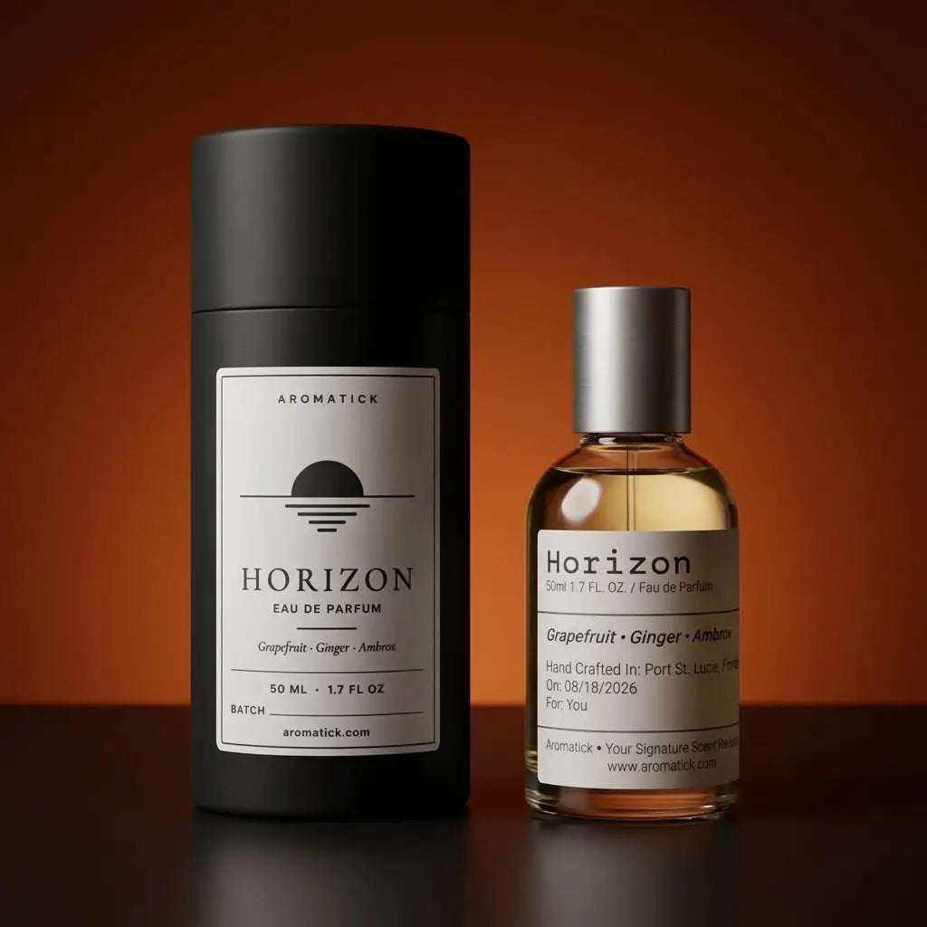 Aromatick Horizon 50ml eau de parfum bottle and matching black gift tube on a dark amber gradient background.