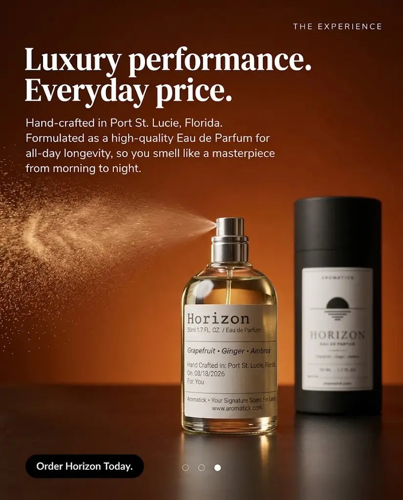 Aromatick Horizon eau de parfum sprayed from its 50ml bottle, shown beside its black gift tube on a wood tabletop.