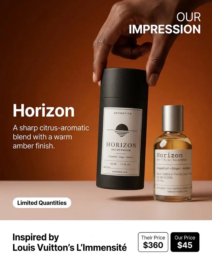 Aromatick Horizon bottle and tube, an EDP inspired by Louis Vuitton L'Immensite, priced at $45 versus $360.
