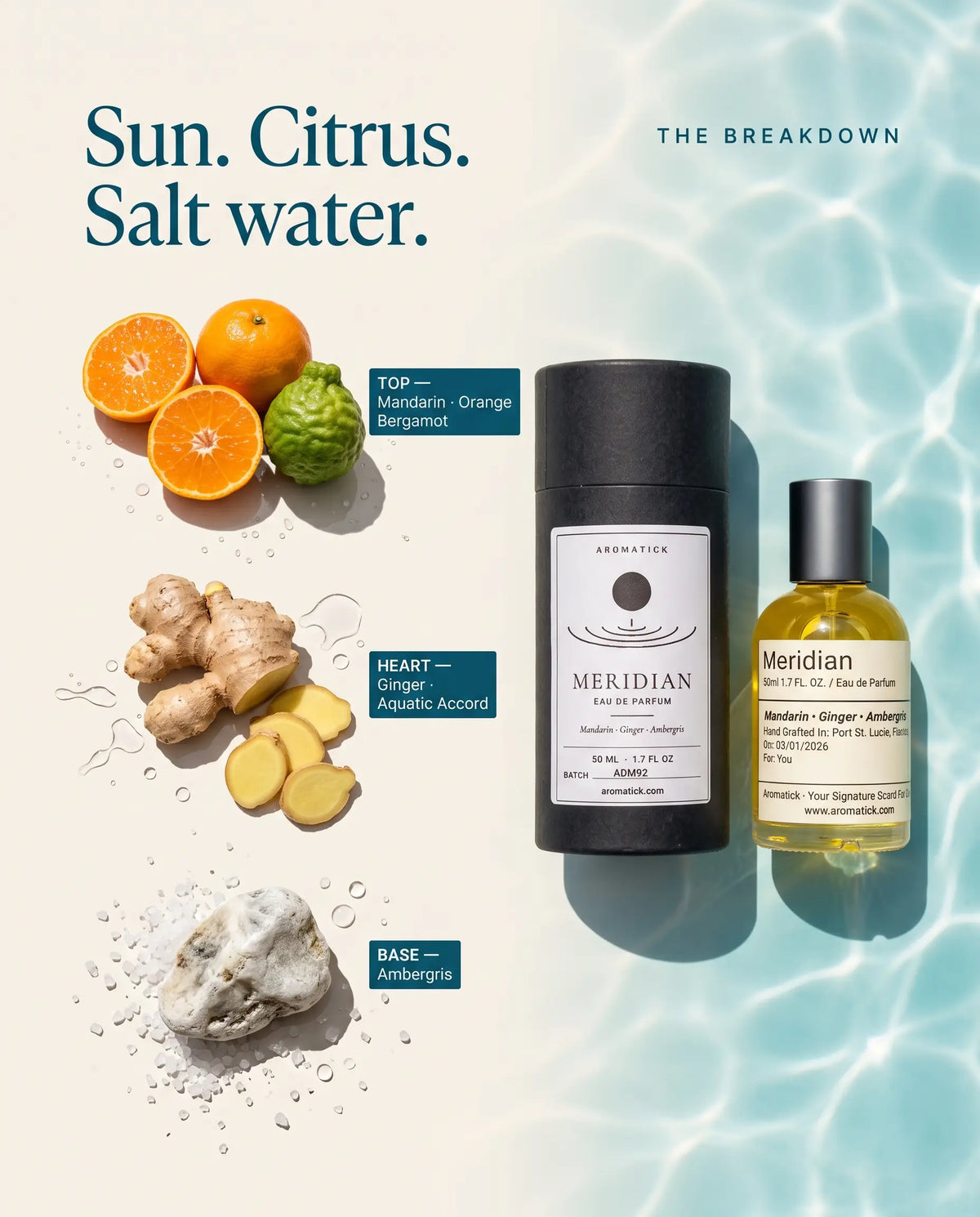 Meridian fragrance notes: mandarin, orange and bergamot top, ginger and aquatic heart, ambergris base.
