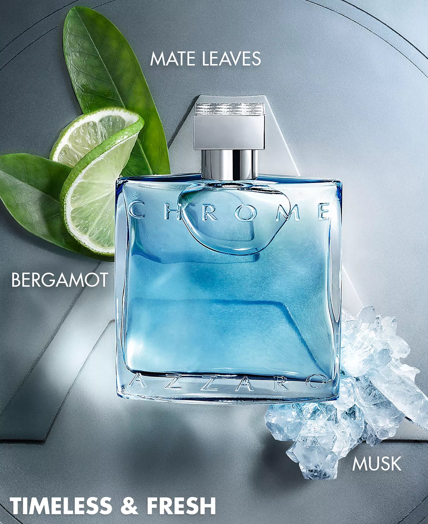 Azzaro Chrome perfume bottle with lime slices and ice cubes on a gray background