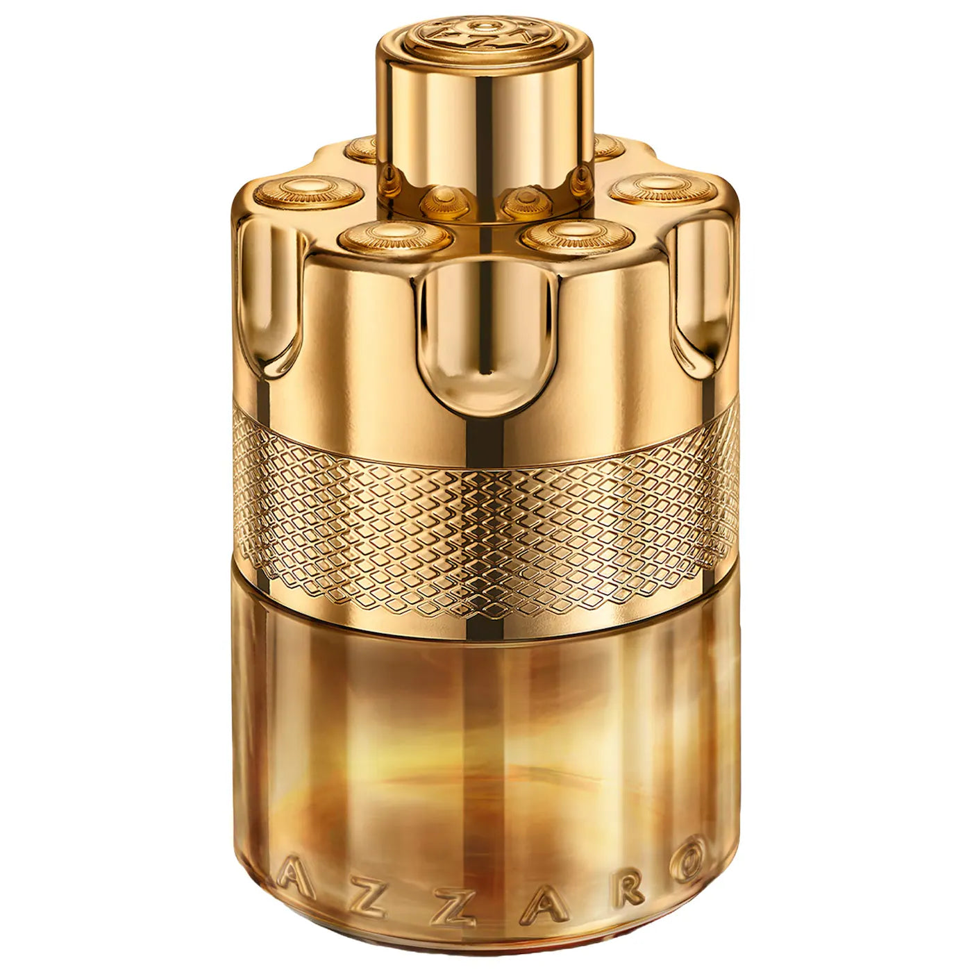 Gold Azzaro perfume bottle on a white background